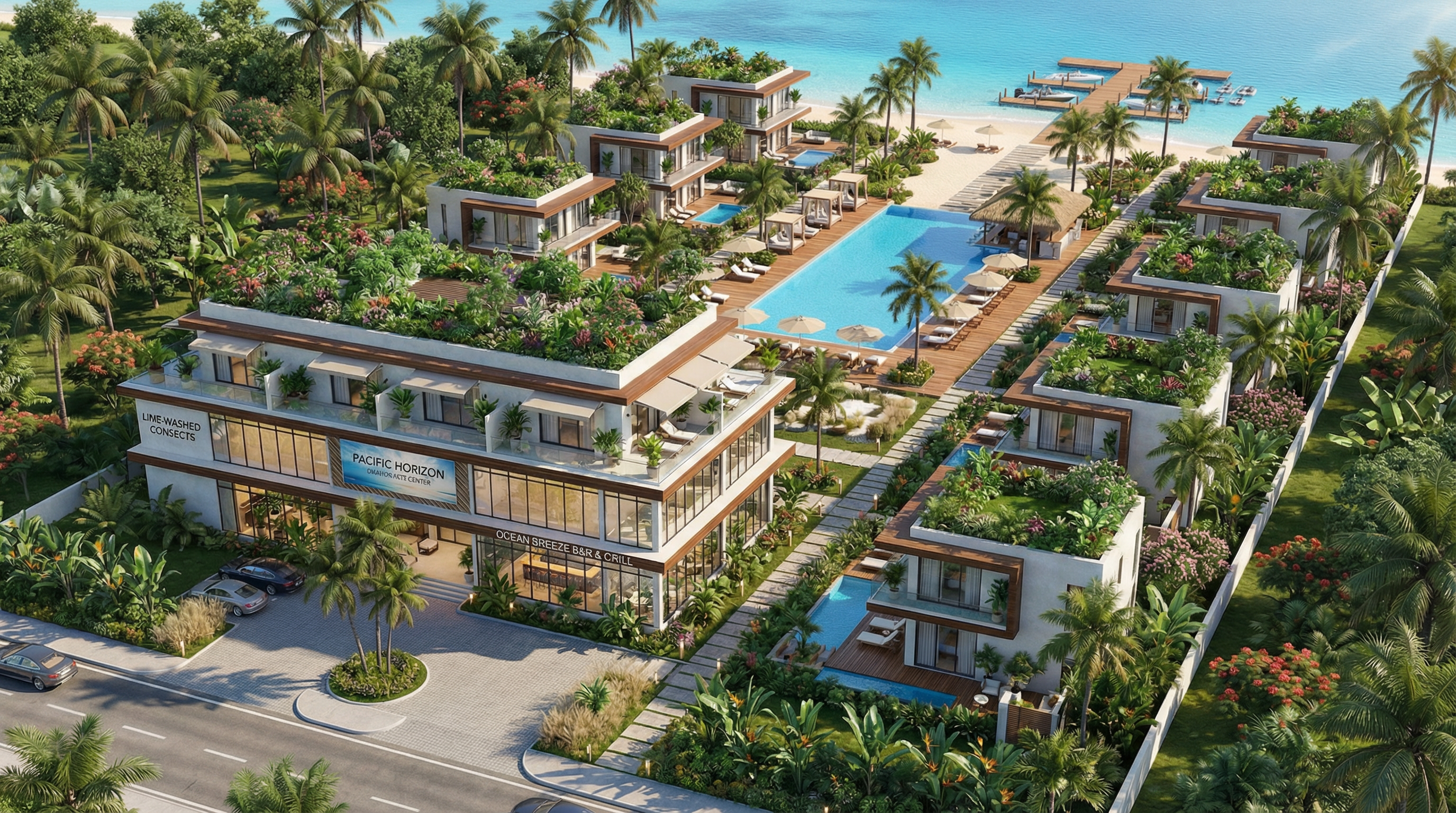 Sole Side Belize Aerial View with Green Roofs